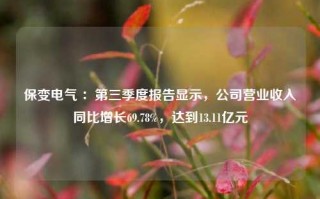 保变电气 ：第三季度报告显示，公司营业收入同比增长69.78%，达到13.11亿元